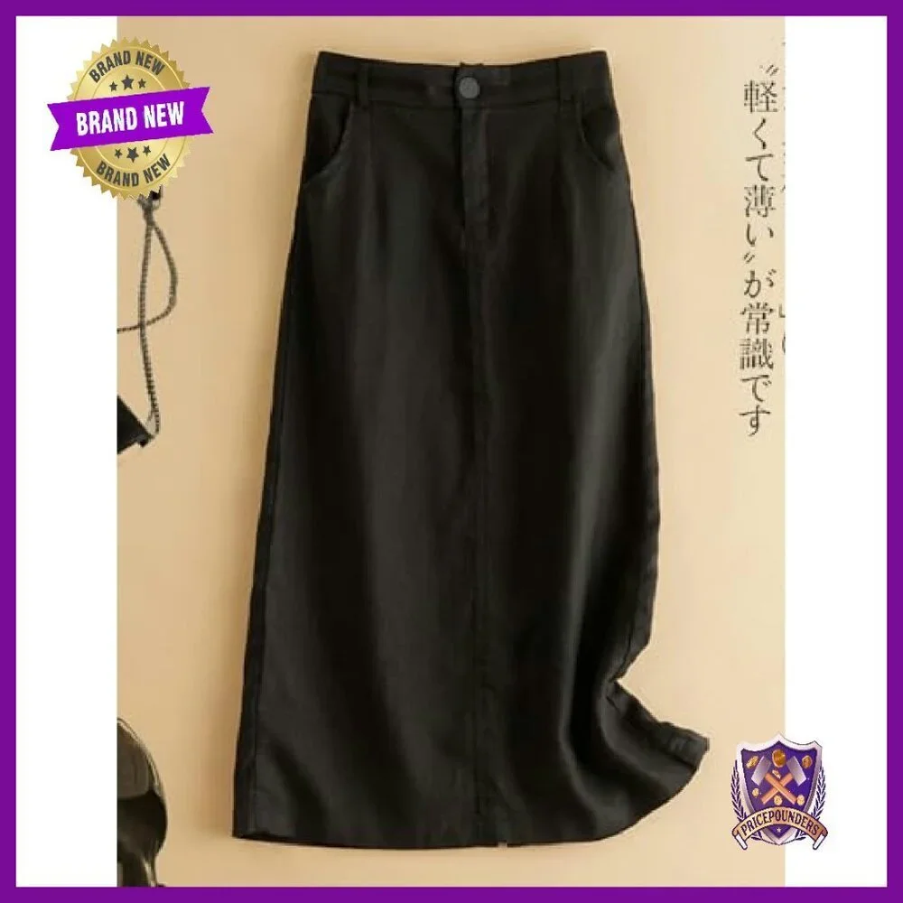 Cotton Linen Midi Skirt with Pockets, Elastic Waist, Back Slit